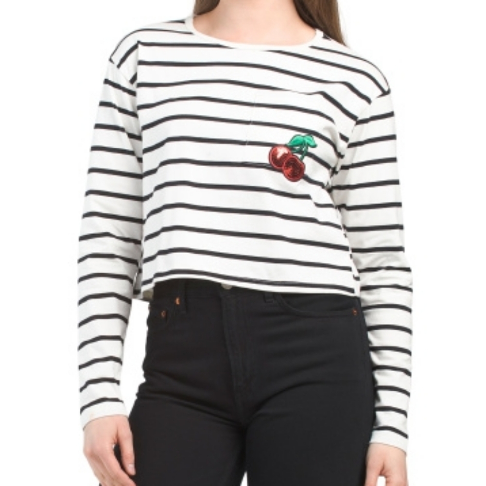 NWT - Madden Girl Long Sleeve B&W Striped Tee w Sequin Embroidered Cherries -  L